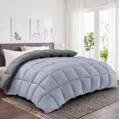 HYLEORY Comforters Queen Size - All Season Down Alternative Duvet Insert, Cooling Quilted Bed Comforter with Corner Tabs,Machine Washable, Reversible Dark Grey/Light Grey, 88x88 Inch