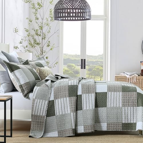 Y-PLWOMEN 100% Cotton Quilts Queen Size Farmhouse Plaid 3-Pieces Bedding