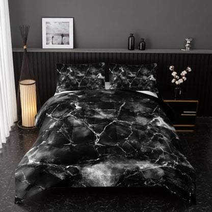 Nttopship Black and White Comforter Set Queen Size，Black and White Marble Bedding Set 3 Pcs Bedding for Adults, Marble Room Decor with Comforter and 2 Pillowcases Soft and Lightweight