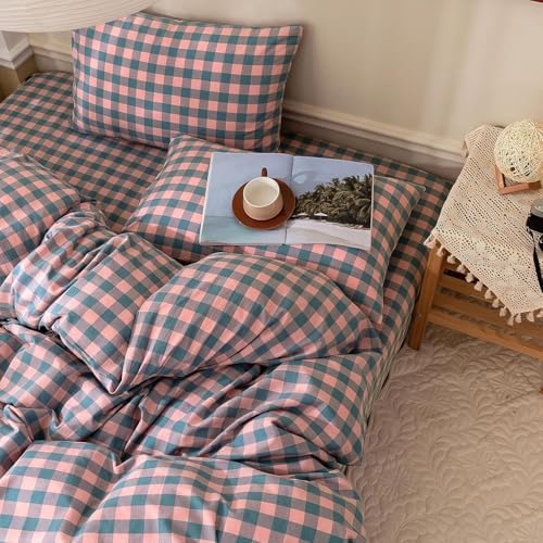 mixinni Plaid Duvet Cover Set Queen Purple - Soft Washed Cotton Modern Geometric Bedding Set with 2 Pillowcases, Pink Blue Gingham Grid Queen Duvet Cover for Men & Women, Soft & Lightweight