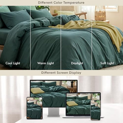 MooMee Bedding Duvet Cover Set 100% Washed Cotton Linen Like Textured Breathable Durable Soft Comfy (Solid Green, King 104"x90")
