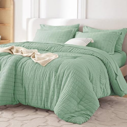 MUXHOMO 5 Pieces Twin XL Comforter Set, Seersucker Bed in a Bag Twin XL Size, All Season Luxury Bedding Set with Comforter, Flat Sheet, Fitted Sheet, Pillowcase & Sham, Sage Green