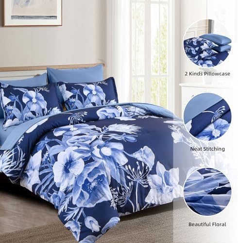 Luxudecor Floral Comforter Set King Size 7 Piece, Navy Blue Flower Bed in a Bag, Elegant Floral Comforter with Sheet Set, Soft Microfiber Bedding Set for All Season (Navy Blue, 104"x90")