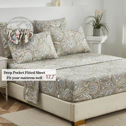 FADFAY Paisley Sheets Set Full Vintage Floral Bedding Set 100% Egyptian Cotton Soft Breathable Bed Sheets Luxury 17.7“ Deep Pocket Fitted Sheet Shabby Beige Boho Style for All Season, Full Size