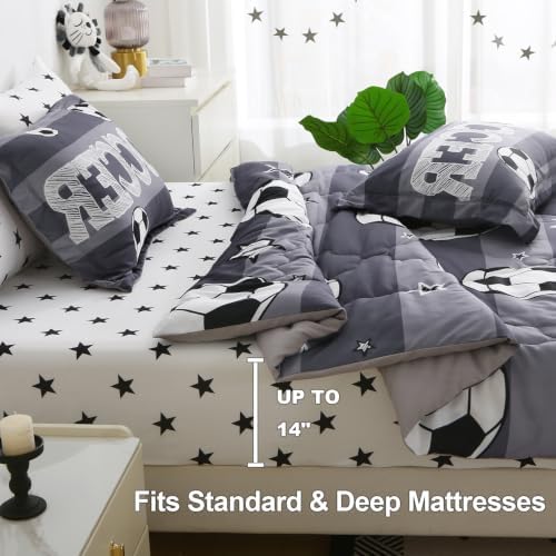Boys Sports 7 Piece Soccer Comforter Set Twin Size 3D Football Playground Bedding Set for Kids Bed Set Gray(Comforter,Flat Sheet,Fitted Sheet and Pillow Sham)