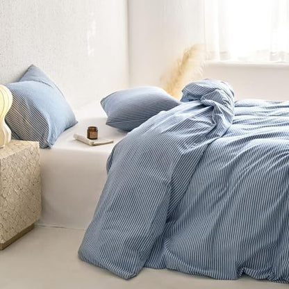 Wake In Cloud Striped Cotton Duvet Cover Set, Denim Blue, Queen