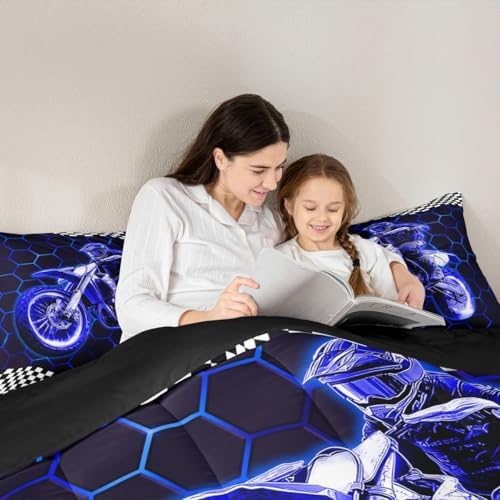 Feelyou Racing Motocross Rider Kids Bedding Set,Boys Girls Toddler Size,Dirt Bike Comforter Set,Extreme Sports Ultra Soft Duvet Quilt,Colorful Modern Comforter Honeycomb Flag Print Bedroom Decor