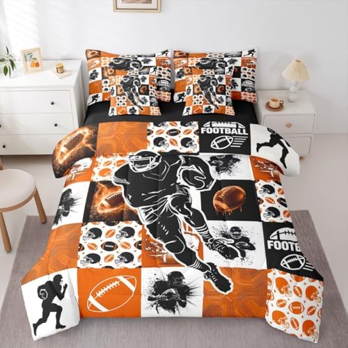 Erosebridal Sports Geometric Comforter Sets with Sheets - Football Bedding Set Full for Boys Girls Rugby 7Pcs Bed in a Bag, Cool Sports Game Bed Set