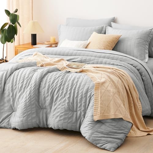 CozyLux King Size Comforter Set 7 Pieces Light Grey Seersucker Bed in a Bag