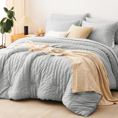 CozyLux King Size Comforter Set 7 Pieces Light Grey Seersucker Bed in a Bag