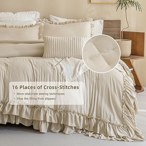 Masaca Ruffle Comforter Full Size,Farmhouse Shabby Boho Chic Ruffled Bedding Sets Full,3PCS Vintage Rustic Soft Microfiber Comforter Set Women Girls French Country Cozy Bedding