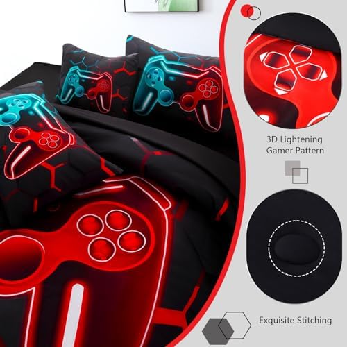 6 Pieces Gamer Bed in A Bag Full Size 3D Game Console Kids Bedding Set for Boys Teal and Blue Gaming Comforter Set with Sheets Gamepad Printed Teen Boy Bed Sets (Teal Red, Full)