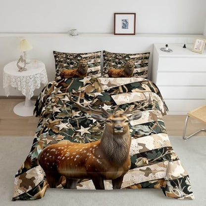 Feelyou Rustic Farmhouse Bedding Comforter Sets Toddler Size, Hunting Deer Down Comforter, Western Farmhouse Comforter Set, Wild Animal Duvet Insert, Camo American Flag Quilt