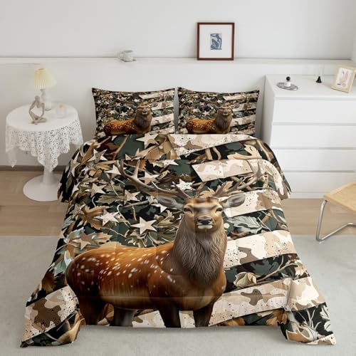 Feelyou Rustic Farmhouse Bedding Comforter Sets Full Size, Hunting Deer Down Comforter, Western Farmhouse Comforter Set, Wild Animal Duvet Insert, Camo American Flag Quilt