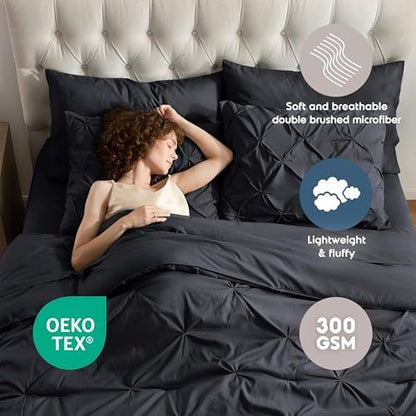 Nestl 9 Piece Full Comforter Set – Black Pinch Pleated Bed in a Bag – Complete Full Size Bedding Set with Sheets, Set of 2 Cooling Pillows, Pillowcases and Shams