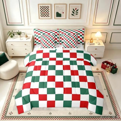 Feelyou Checkered Christmas Comforter Set with Sheets 7 Piece King Size Red Green Plaid Bedding Set for Kids Boys Girls Geometric Vintage Bed in a Bag Modern Simple Groovy Aesthetic Room Decor Soft