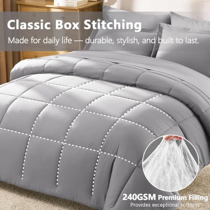 CozyLux King Size Comforter Set, 7-Piece Bed in a Bag, Grey