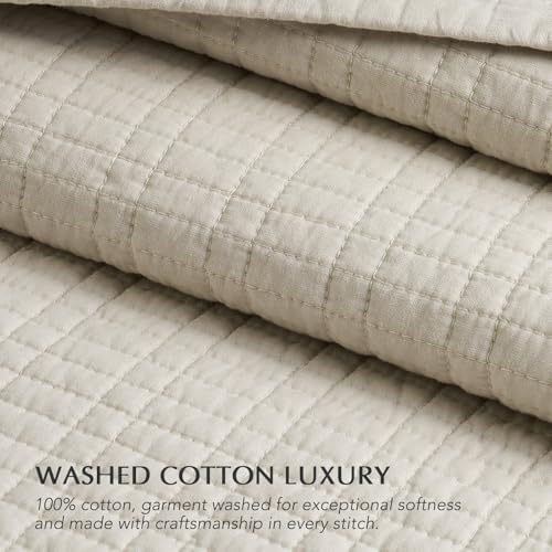 EverGrace 100% Cotton Modern Grid Stitch Quilt Set, Queen Size, Birch