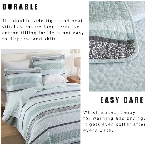 Homzard Quilts Queen Size,Cotton Queen Comforter Set,Mint Green Grey Bed Set,Striped Bedding,Lightweight Bedspreads All Season 3 Piece