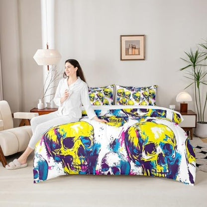 Erosebridal Sugar Skull 7 Piece Bedding Set Twin Gothic Neon Comforter Set with Sheets Happy Halloween Bed in a Bag Cartoon Skeleton Colorful Ombre Bed Sets Comforter