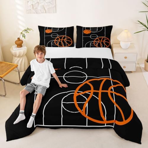 Homewish Basketball Comforter Set Sports Theme Bedding Set for Kids Girls Women Adults Basketball Court Comforter Black and Orange Quilted Duvet Set Bedroom Collection Twin Size 2Pcs