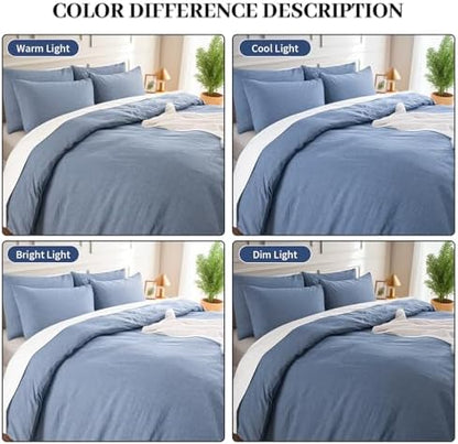 NEXHOME PRO Duvet Cover Twin 100% Washed Cotton, Heathered Blue Breathable, Durable, Textured, Linen Like, Home Bedding Set 68"x90"