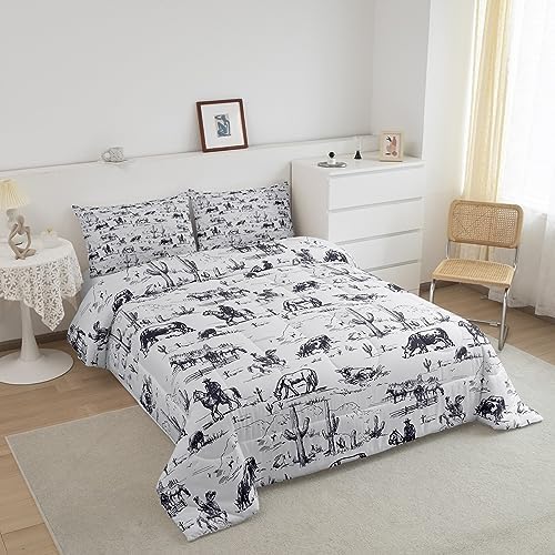 Feelyou Western Comforter Set Queen Size, White and Black Cowboy Cow Bedding Set Cowboy Comforter Desert Cactus Duvet Set Soft Bed Set 3Pcs