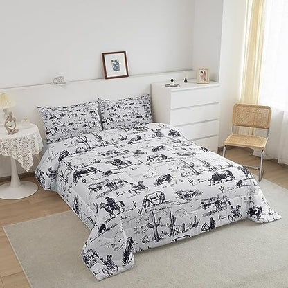 Feelyou Western Comforter Set Toddler Size, White and Black Cowboy Cow Bedding Set Cowboy Comforter Desert Cactus Duvet Set Soft Bed Set 2Pcs