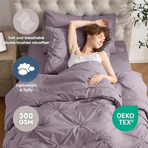 Nestl 7 Piece Twin Comforter Set – Grayish Purple Pinch Pleated Bed in a Bag – Complete Twin Size Bedding Set with Sheets, Set of 2 Cooling Pillows, Pillowcase and Sham