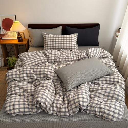 Mucalis Grey Gingham Plaid Duvet Cover King 100% Washed Cotton White Checkered Duvet Cover Set Linen Like Vintage 3 Piece Grid Bedding with Zipper Closure Corner Ties,Durable,Easy Care
