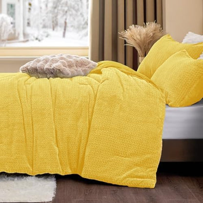 ChiXpace Fleece Queen Comforter Set Yellow, Fluffy Flannel Bed Set 3 Pieces