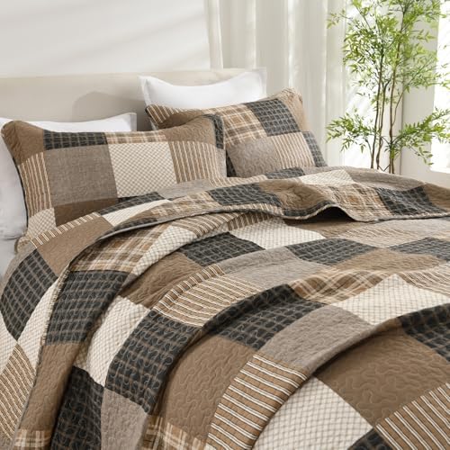 Quilta 100% Cotton Quilt Set, Farmhouse Brown Plaid Bedspread Queen Size