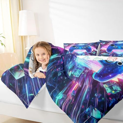 Erosebridal Galaxy Gaming Comforter Set 3D Cube Gamer King Bedding Set | Diamond Neon Lights Comforter Modern Game Consoles Duvet Insert
