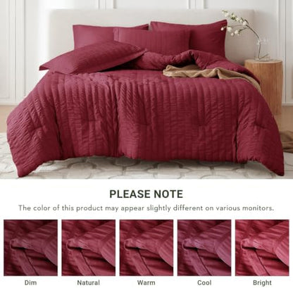 MUXHOMO 5 Pieces Twin Comforter Set, Seersucker Bed in a Bag Twin Size, All Season Luxury Bedding Set with Comforter, Flat Sheet, Fitted Sheet, Pillowcase & Sham, Burgundy