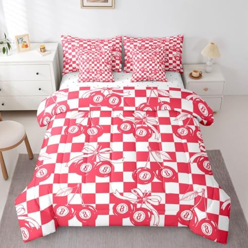Fashion Trendy Y2K Comforter Set Full Size Lucky 8 Ball 7 Piece Bedding Set For Kids Boys Girls,Funky Coquette Bow Bed In A Bag With Sheets Preppy Room Decor,Red White Simple Geometric Plaid Bed Set