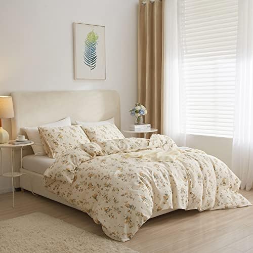 VM VOUGEMARKET Yellow Floral Duvet Cover Full 3 Pieces Cotton Girls Cottagecore Bedding Set,Rose Flower Comforter Cover with Zipper Closure,Vintage Country Bedding 80x90 Inch