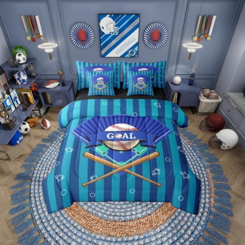 Erosebridal Navy Blue Boys Kids Ball Games Boys Baseball Full Comforter Set 7 Pieces | Sports Theme Gaming Pattern Bed in A Bag for Bedroom Stripes Bedding Set with Comforters Playground Room Decor
