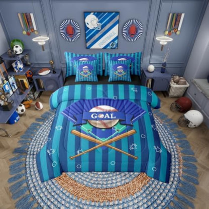 Erosebridal Navy Blue Boys Kids Ball Games Boys Baseball Full Comforter Set 7 Pieces | Sports Theme Gaming Pattern Bed in A Bag for Bedroom Stripes Bedding Set with Comforters Playground Room Decor