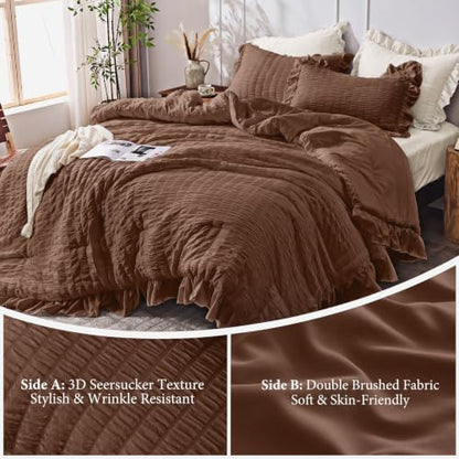 JOLLYVOGUE Dark Brown Queen Comforter Set,3pcs Ruffle Seersucker Bed Set