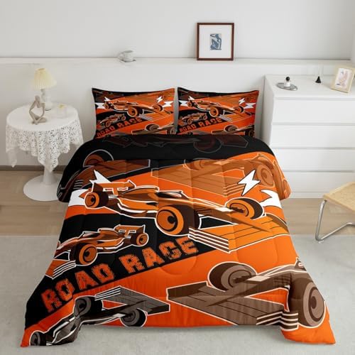 Erosebridal Race Car Comforter Sets for Boys Queen Race Cars Bedding Set,Cool Sports Car Bedroom Set for Boys Girls Kids Racing Car Bed Set,Black Orange Gamer Bedding Sets Car Room Decor 3Pcs