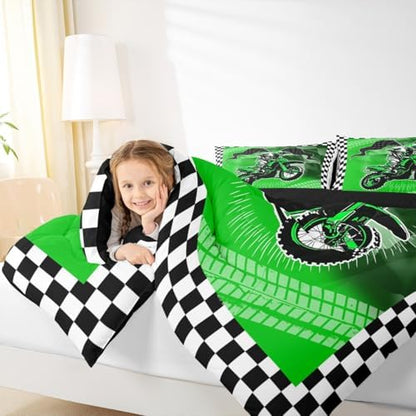 Feelyou Dirt Bike Comforter Set for Kids Boys Girls,Toddler Size,Motorcycle Racer Bedding Set,Cool Motocross Duvet Quilt,Motorcycle Comforter,Extreme Sports Bedroom Decor