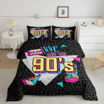 Manfei Memphis Comforter Set Queen Size, Retro 90s Fashion Style Quilt Set with 2 Pillowcases, Geometric Triangle Diamond Bedding Set 3pcs for Kids Boys Room Decor Lightweight Duvet Insert