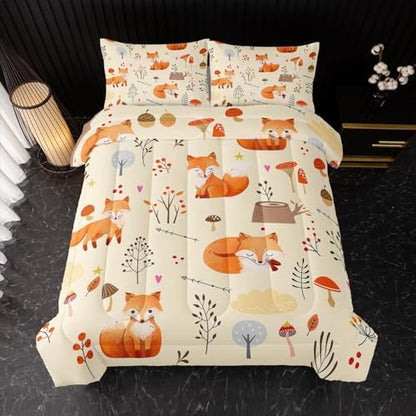 Nttopship Fox Comforter Set Queen，Cute Fox Bedding Set 3-Pieces Quilt Set 3D Animal Plants Leaves Printed Theme Bedding Set for Boys Girls Kids Bedroom Decor Comforter with 2 Pillowcases
