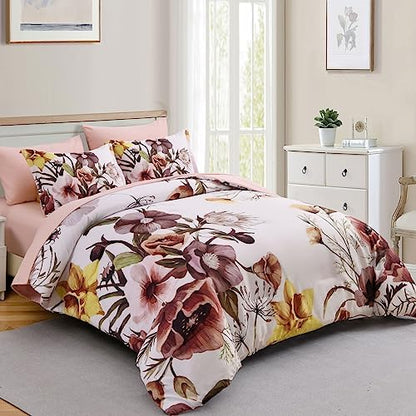 Luxudecor Floral Comforter Set Full Size 7 Piece, Blush Flower Bed in a Bag, Elegant Floral Comforter with Sheet Set, Soft Microfiber Bedding Set for All Season (Blush, 80"x90")