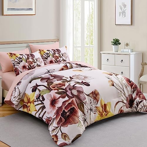 Luxudecor Floral Comforter Set King Size 7 Piece, Blush Flower Bed in a Bag, Elegant Floral Comforter with Sheet Set, Soft Microfiber Bedding Set for All Season (Blush, 104"x90")