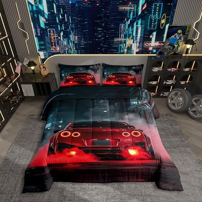 Erosebridal Red Race Car Full Size Comforter Sets for Kids Boys Girls,Extreme Sports Gaming Bedding Set,Cool Red Speed Car Duvet Insert,Red Black Quilt Bedroom Decor