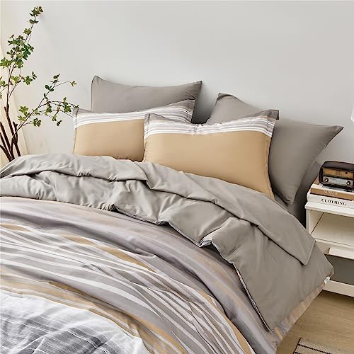 KAKIJUMN Striped Comforter Set Queen Size, 7 Piece Bed in a Bag, Warm Tan
