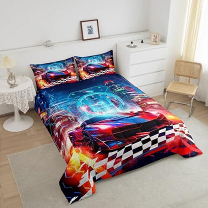 Feelyou Boys Red Race Car Toddler Bedding Set 1 Sports Car Comforter 1 Pillowcase Microfiber Modern Cartoon Racing Theme
