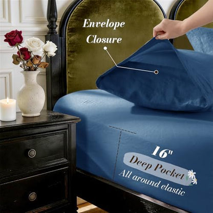 SONORO KATE 100% French Linen Queen Size Sheets Set,Natural Flax Bedding