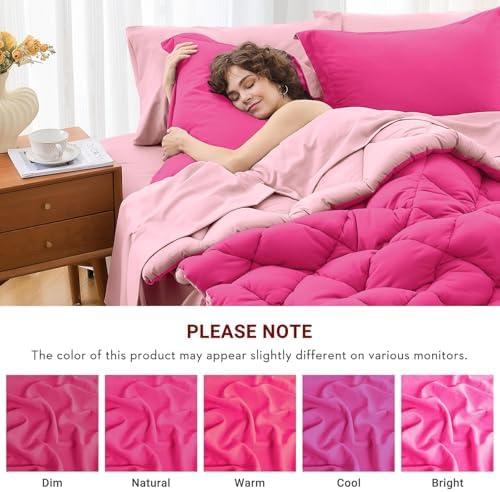 MUXHOMO 7 Pieces Full Comforter Set, Reversible Bed in a Bag Full Size, All Season Bedding Set with Comforter, Flat Sheet, Fitted Sheet, Pillowcases & Shams, Hot Pink & Baby Pink